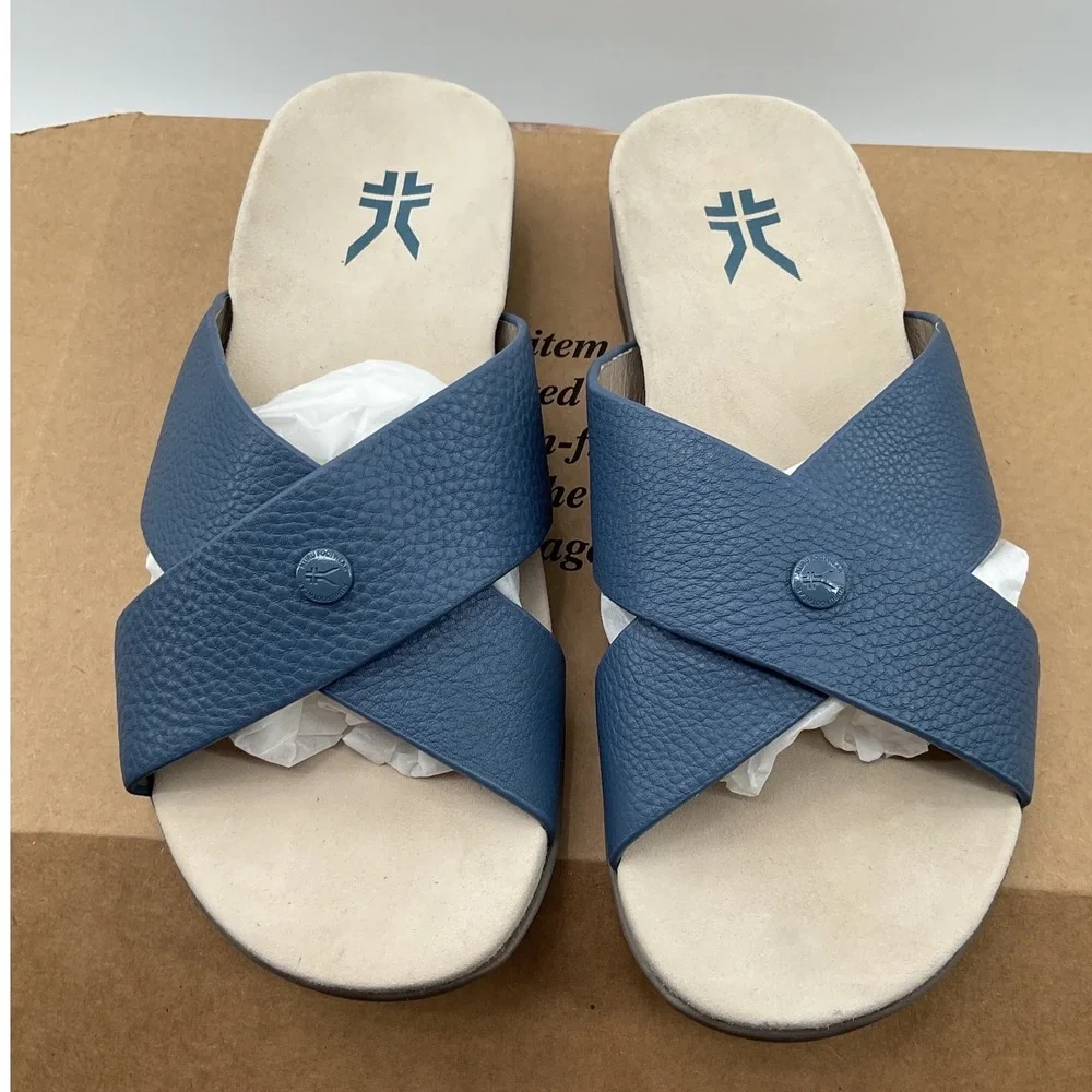 Kuru Footwear Blue Leather Criss Cross Slide Sandals Comfort Arch Support 9M